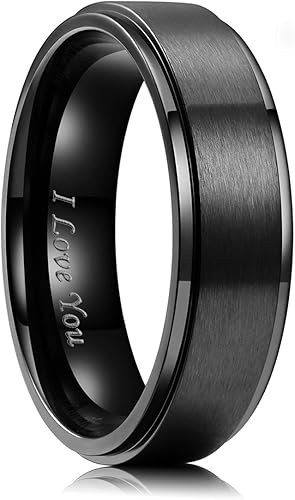 King Will - Anillo de acero inoxidable de , , , , , , pulgadas, acabado mate chapado en plata y borde biselado pulido con grabado láser I love you