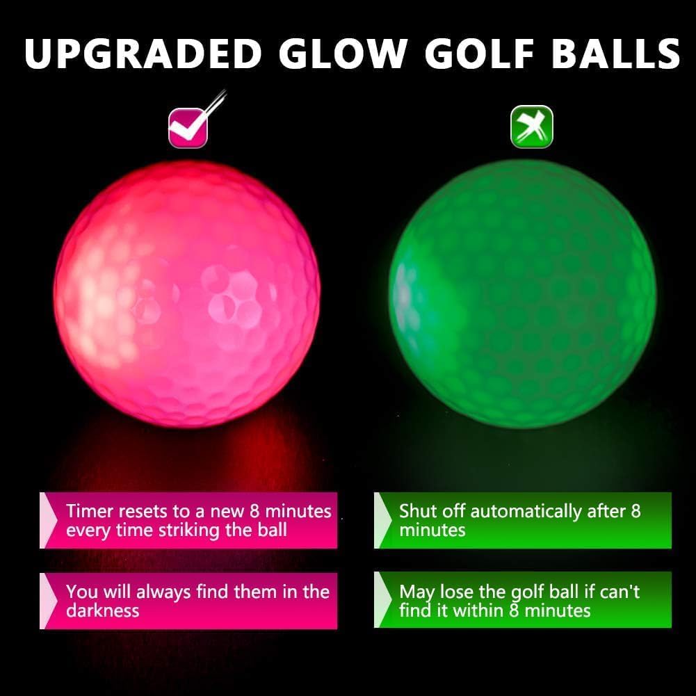 THIODOON LED Glow Golf Balls (6-Pack): 40H Battery, Impact Activated & Resettable, Includes Glow Tees & Storage Bag - Premium Night Sports Gift Set