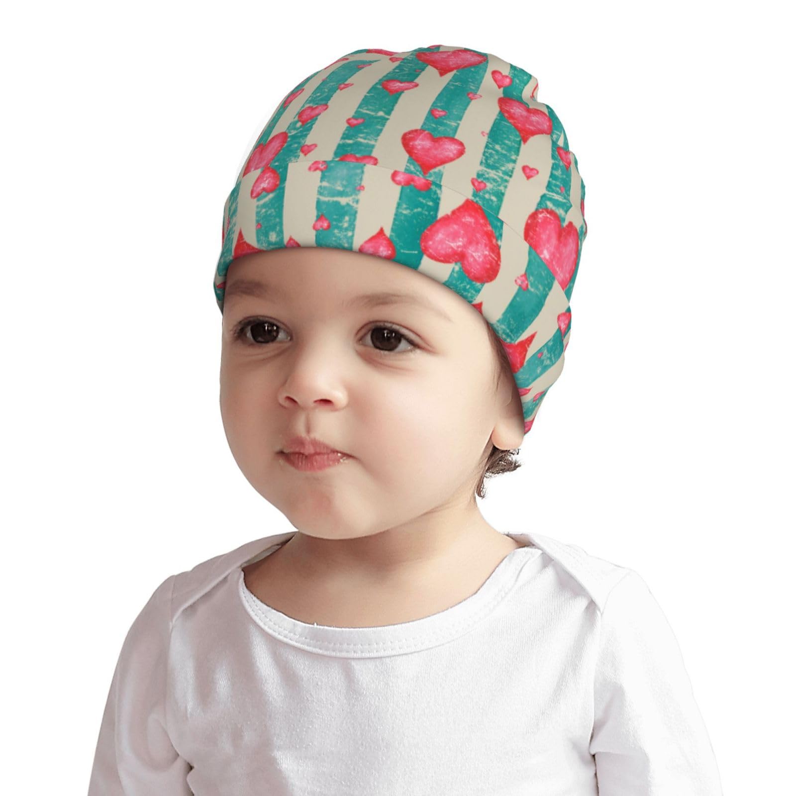 Vintage Striped Heart Kids Beanie Hats Warm Knit Beanie Cap Skull Caps Gifts Decor for Boys Girls White
