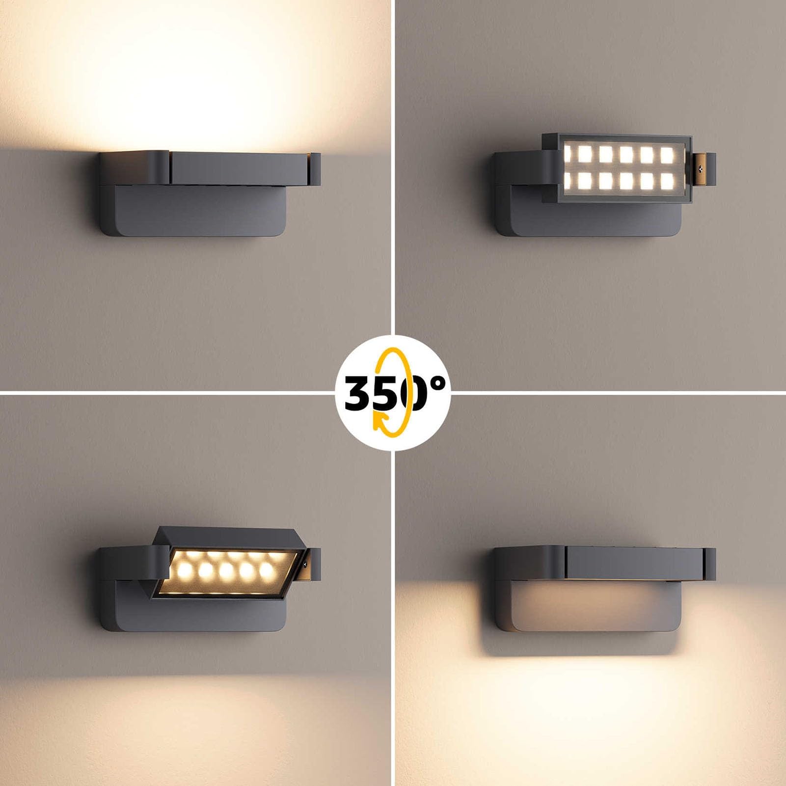 Lampa ścienna LED 24 W, do użytku na zewnątrz, wodoszczelna IP65, lampa werandowa z jasnym, regulowanym i obrotowym o 350 stopni reflektorem do ogrodu, garażu i na podwórko – przyłącze sieciowe