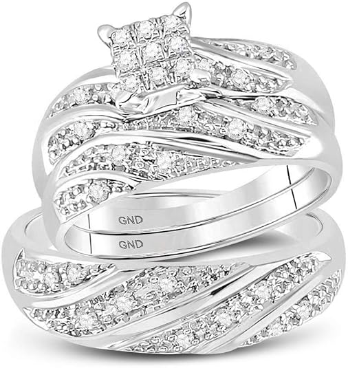 Diamond Trio Set Solid 10k White Gold His Hers Square Matching Wedding Bands Bridal Engagement Ring 1/3 Ctw. (.29 Ctw.)