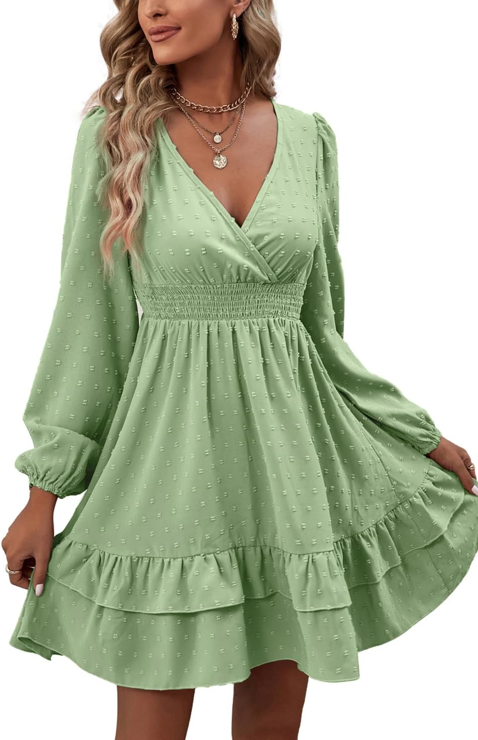 Rooscier Women's Wrap V Neck Swing Ruffle Swiss Dots Long Sleeve Mini Dress - Image 5