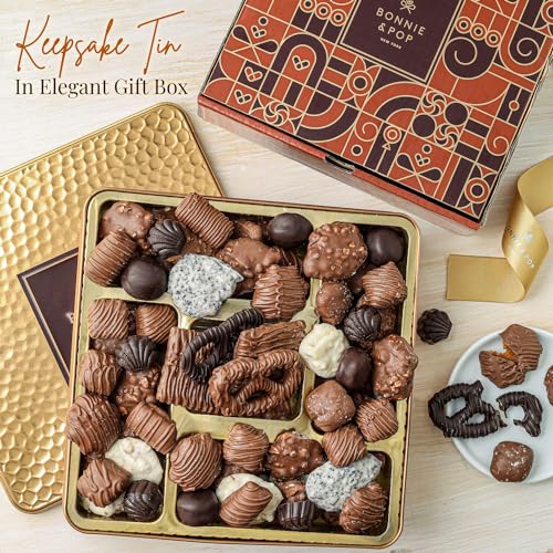 Image of Chocolate Gift Basket, Gourmet Snack Food Box in Keepsake Tin, 2+ lbs of Chocolate, Great for Birthday, Sympathy, Corporate, Family Parties & Get Well - Bonnie & Pop
