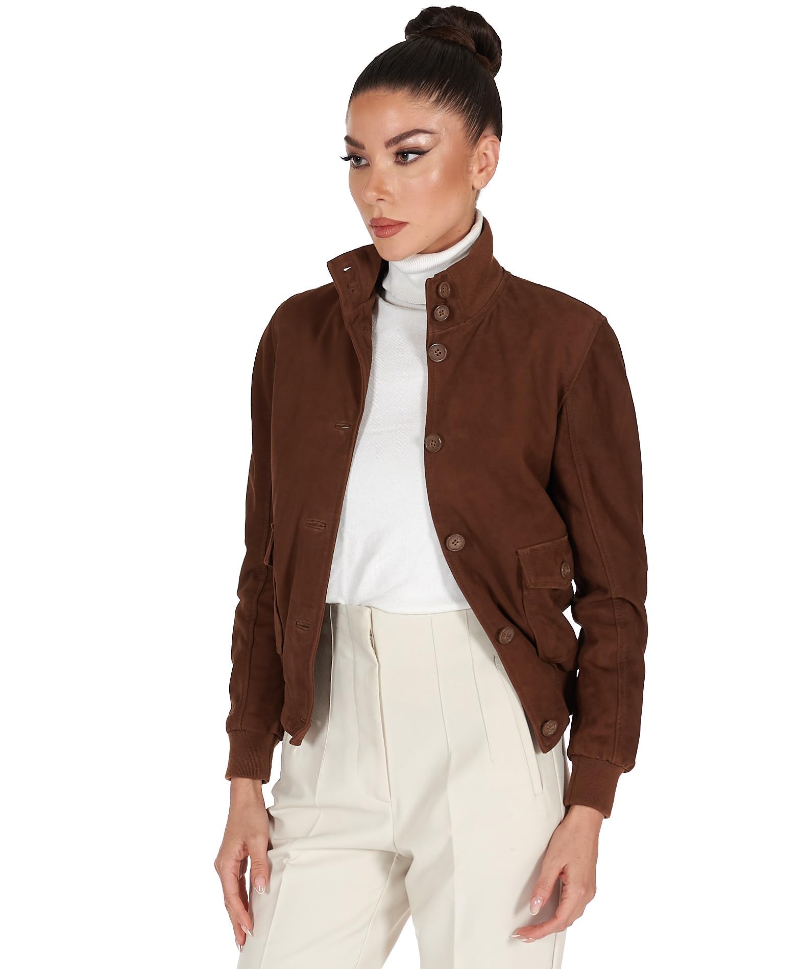 D'Arienzo Bomber in Pelle Scamosciata Colore Beige Donna Giubbotto con tasconi Vera Pelle Faty