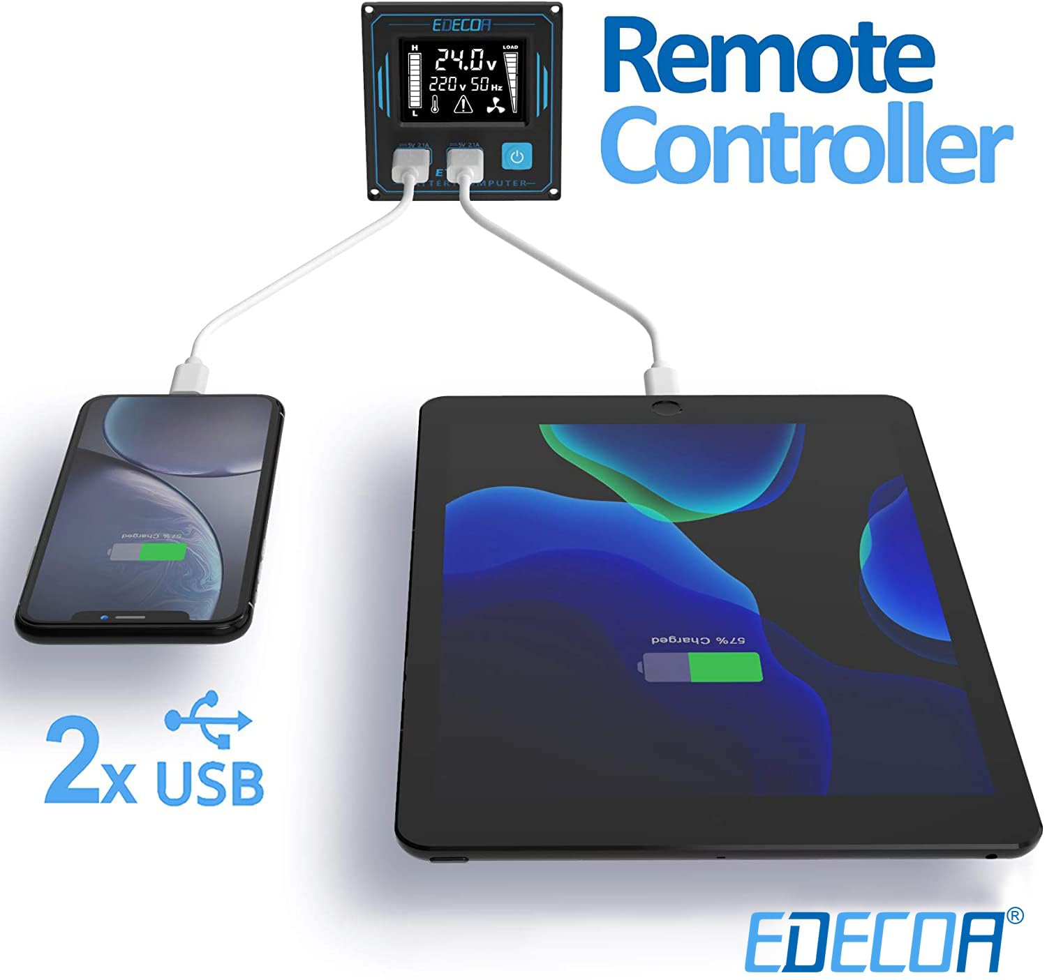 EDECOA convertisseur 12v 220v 2000w onduleur télécommande 2X USB et écran pour Panneau Solaire Voiture Onde modifiée Isolation galvanique (2e génération)