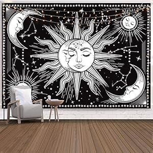 INTDORM Zon en Maan Wandtapijt Muur Opknoping Zwart-Wit Tapijt Constellatie Tapijt Astrologie Tapijt Meditatie Kamer…