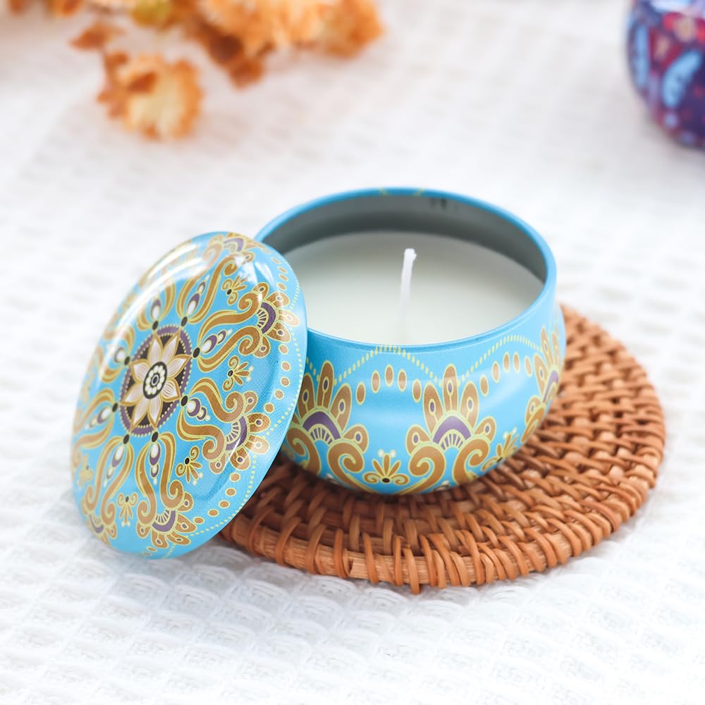 Pack de 6 a 30 uds, Velas aromáticas, diseño mandala oriental en lata metálica, 6 x 4 cm, Colores surtidos, Detalles para invitados, Regalantes (24)