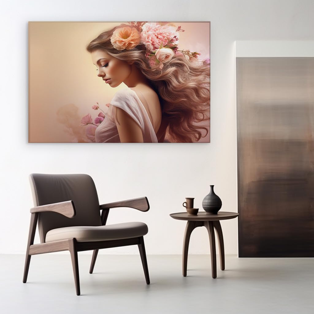 Canvas for Living room. Whispers of Serenity in a Floral Dream A Young Woman's Enigmatic Elegance Against a Sunset Hues Canvas, 27 x 18 inch Canvas Wall Art - Botanical Home Decor