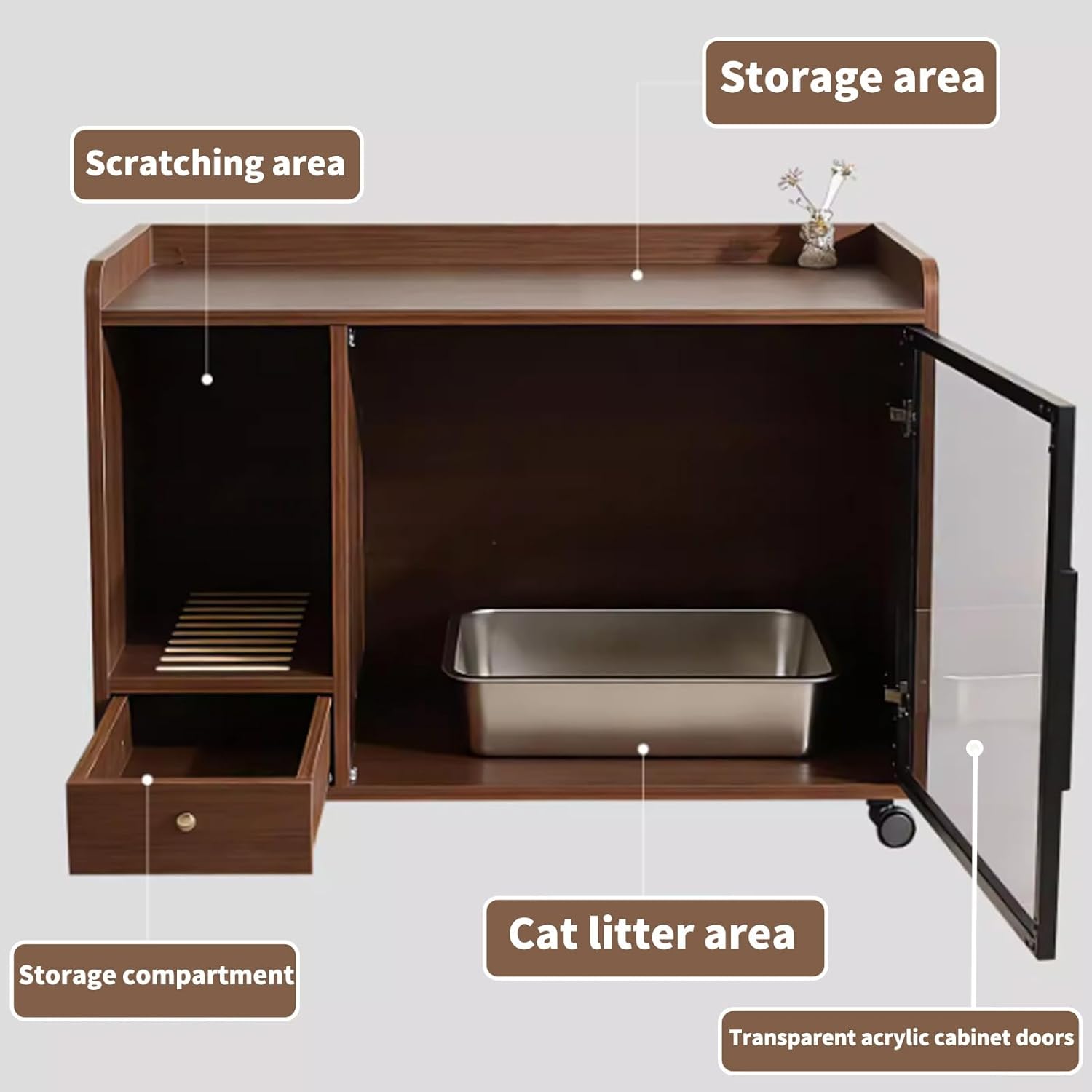 Cat Litter Box Enclosure Furniture, Hidden Litter Box Cabinet with Acrylic Cabinet Doors and Litter Collector, Discreet Pet Room Solution for Living Spaces(White)