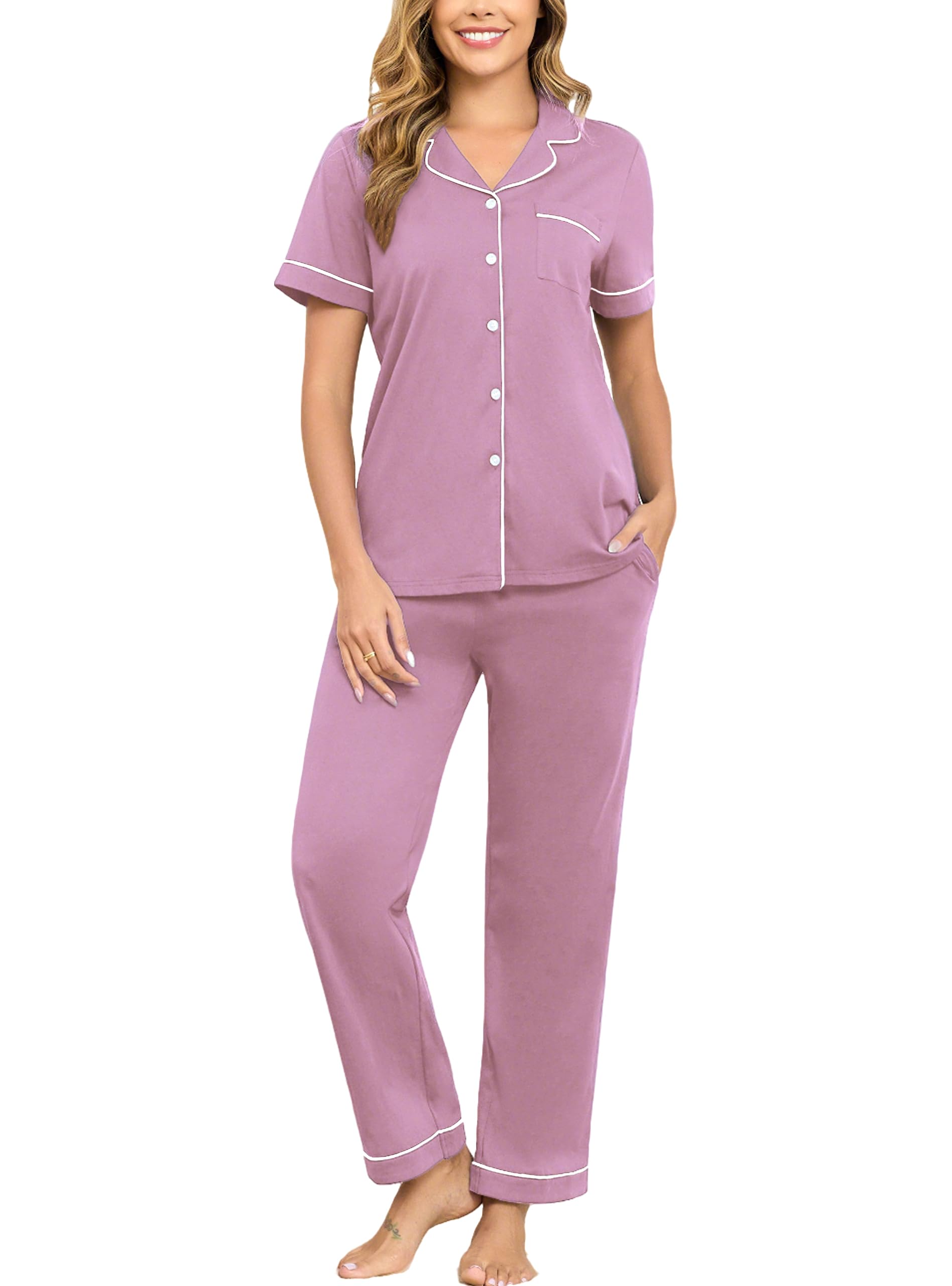 Veseacky 100% Cotton Pajamas for Women Set Short Sleeve Button Down Sleepwear Soft 2 Piece Summer Pjs Lounge Sets S-XXL