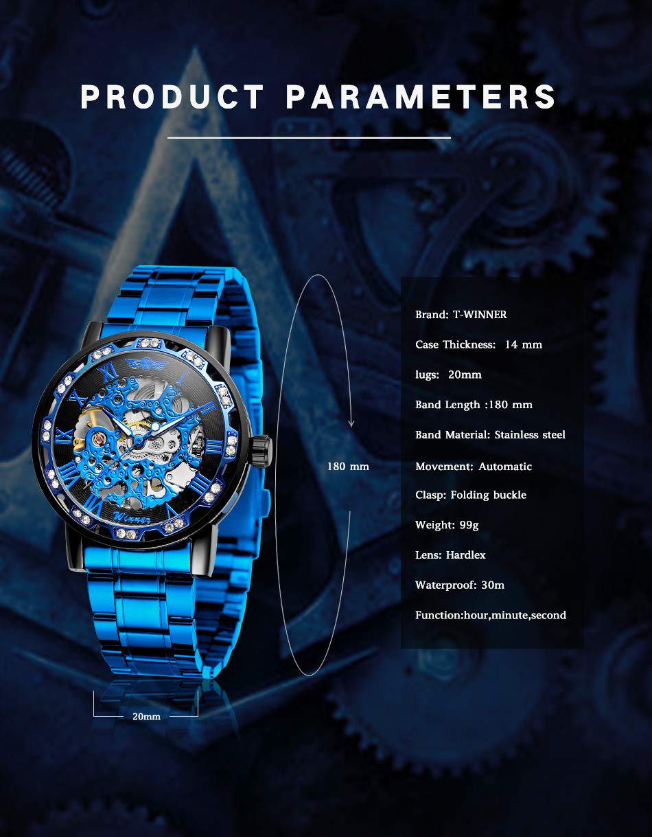 FORSINING Orologio da polso meccanico con movimento a diamante e numeri romani, 05-Blu Nero, Orologio a scheletro, meccanico
