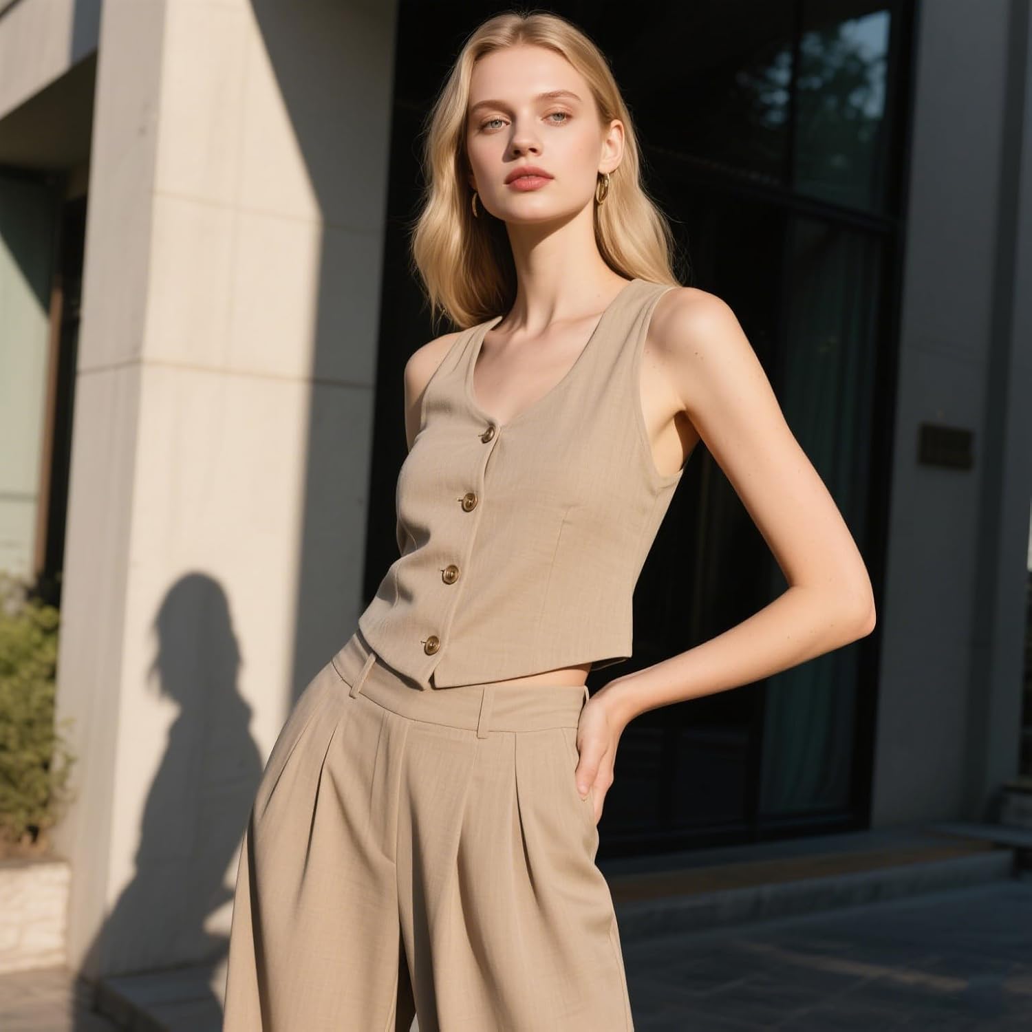 Summer Women's 2 Piece Outfits V Neck Sleeveless Blazer Vest with Wide Leg Pant Suits Wedding Party