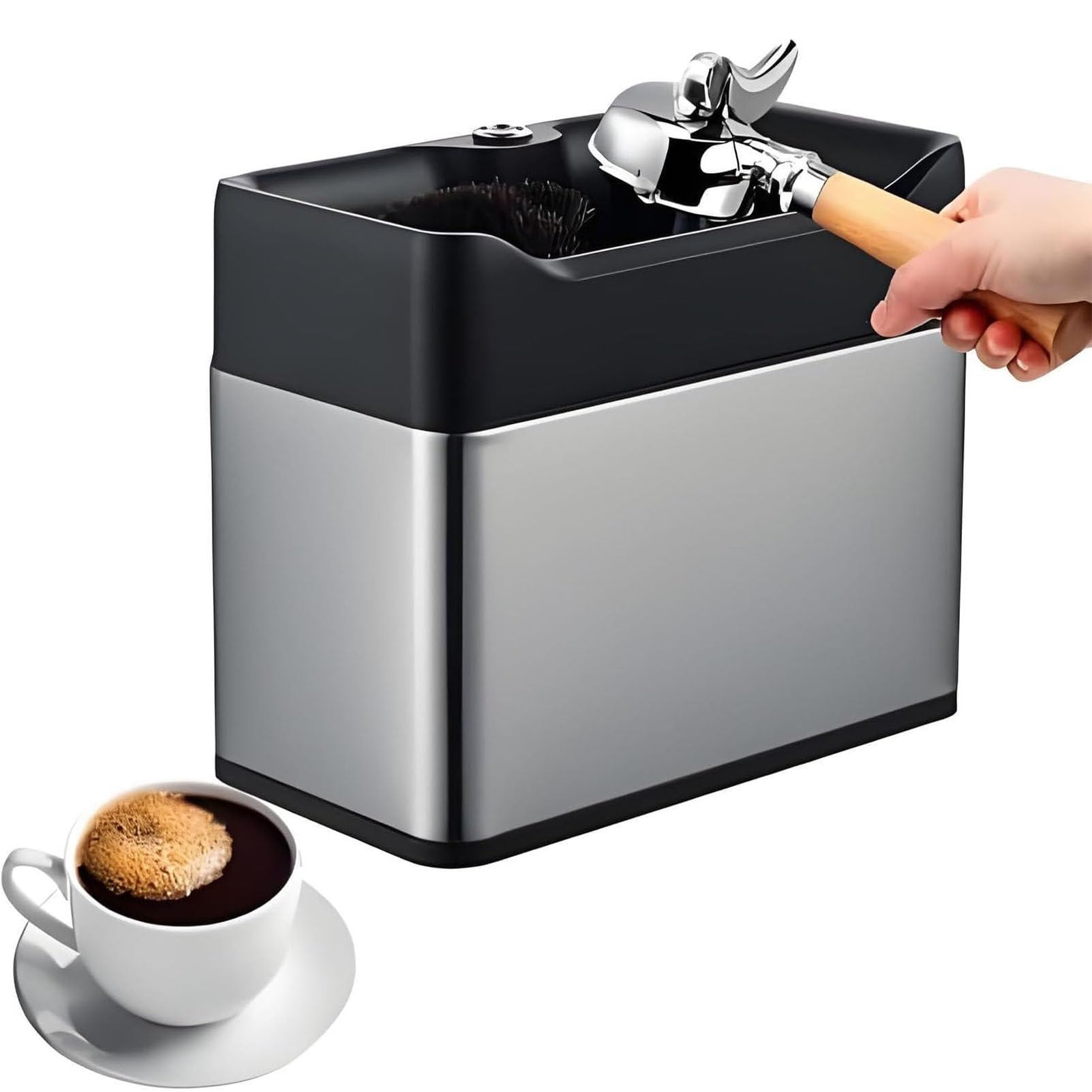 Pulitore Automatico dei Fondi di caffè, pulitore Elettrico per portafiltro con 2 raschietti e 2 testine a Spazzola, per l'inserimento in Un Tavolo, Piano di Lavoro o Montaggio a Parete Silver