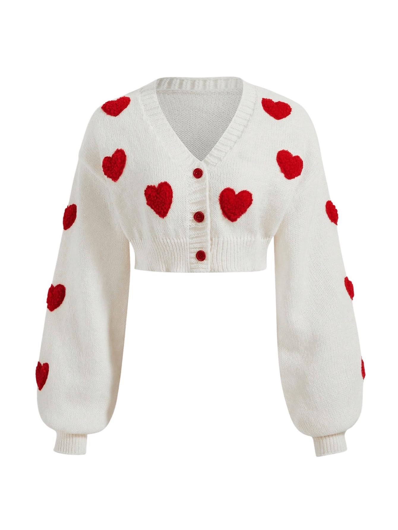OYOANGLE Womens Heart Embroidery Button Down Crop Cardigan V Neck Cute Long Sleeve Knit Sweater