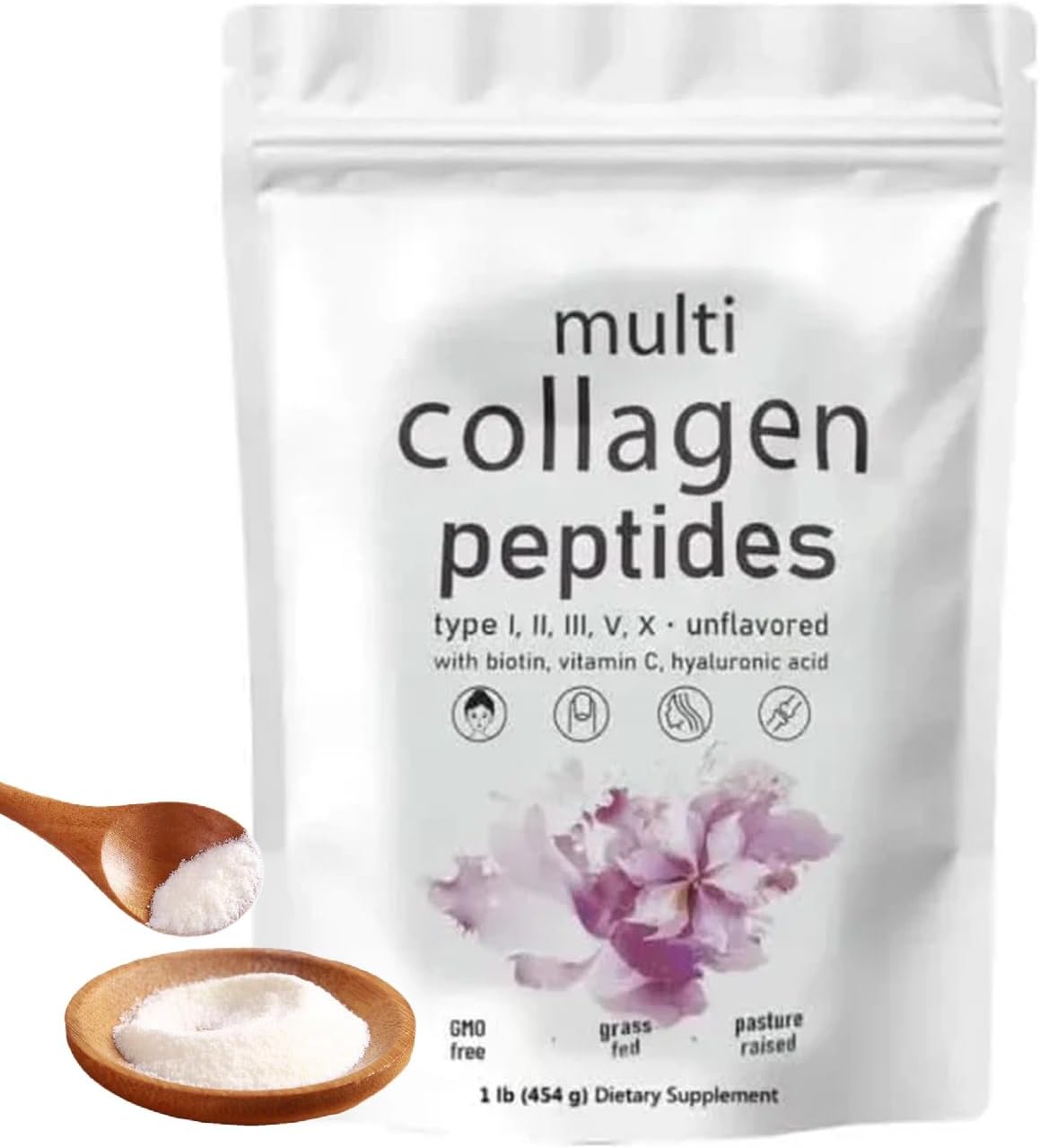 Multi Collagen Complex Peptides Powder, Types I II III V X, with Biotin, Unflavoured, GMO Free, Grass Fed, 454g