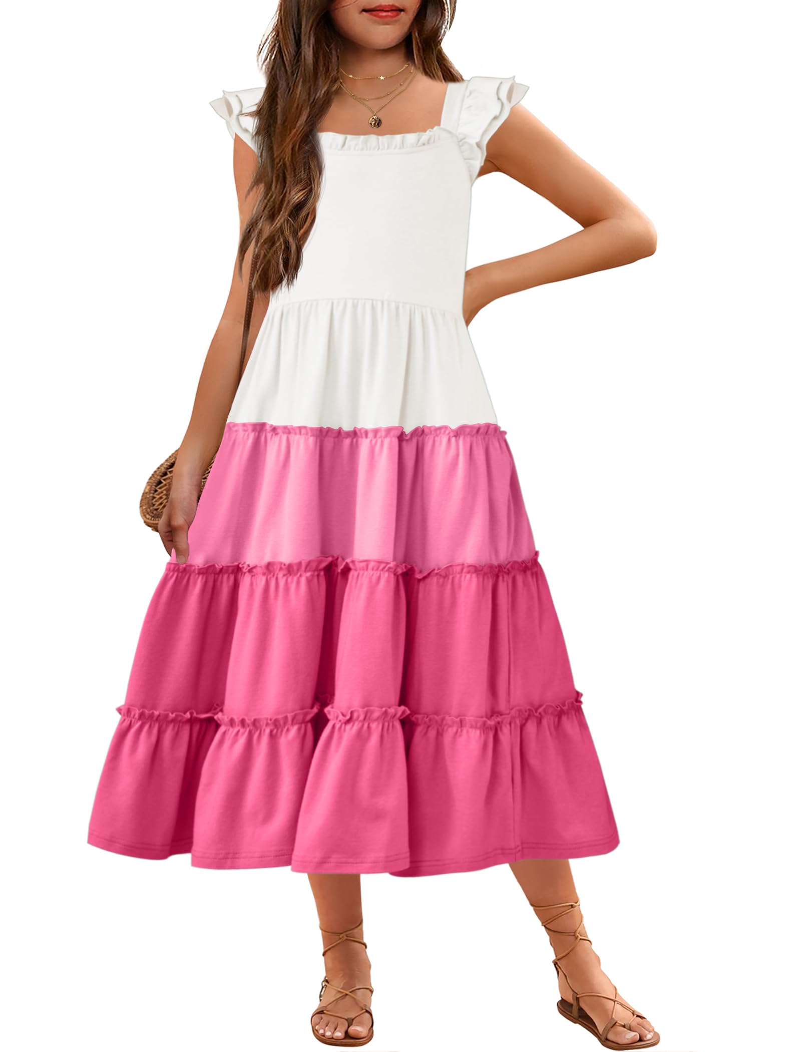 Arshiner Girls Maxi Summer Short Flutter Sleeve Casual Dress with Pockets for 4-14 Y