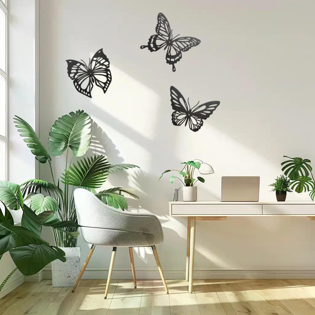 3 piezas de decoración de pared de mariposa de metal negro – Decoración versátil para exteriores e interiores para sala de estar, dormitorio y baño, tamaño grande 7