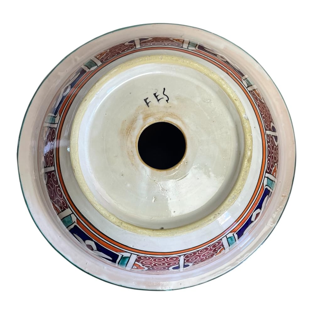 Lavabo Marocchino in Ceramica Dipinta a Mano, 40 cm, Motivo Floreale Blu e Verde, Fes Artigianale