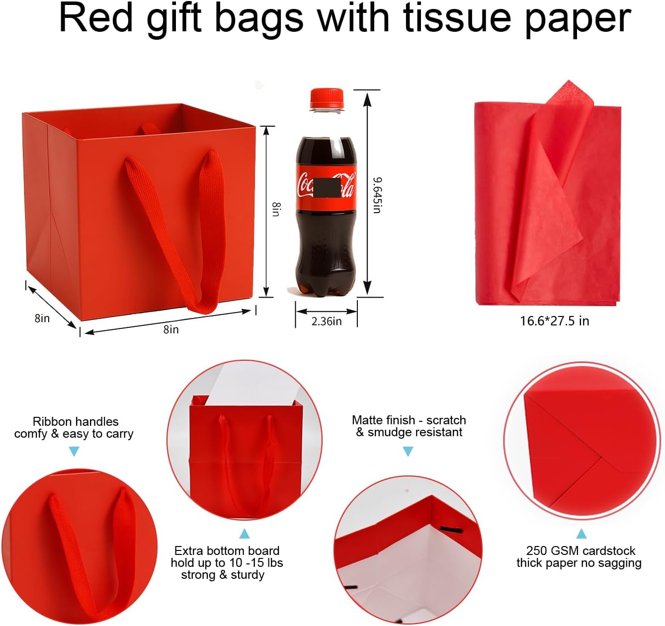 Aosric Red Gift Bags with Tissue Paper, 24 Pack 8x8x8 In Square Reusable Thick Paper Bag for Christmas, Halloween Treats, Wedding, Baby Shower, Birthday Party Favor, Return Gifts