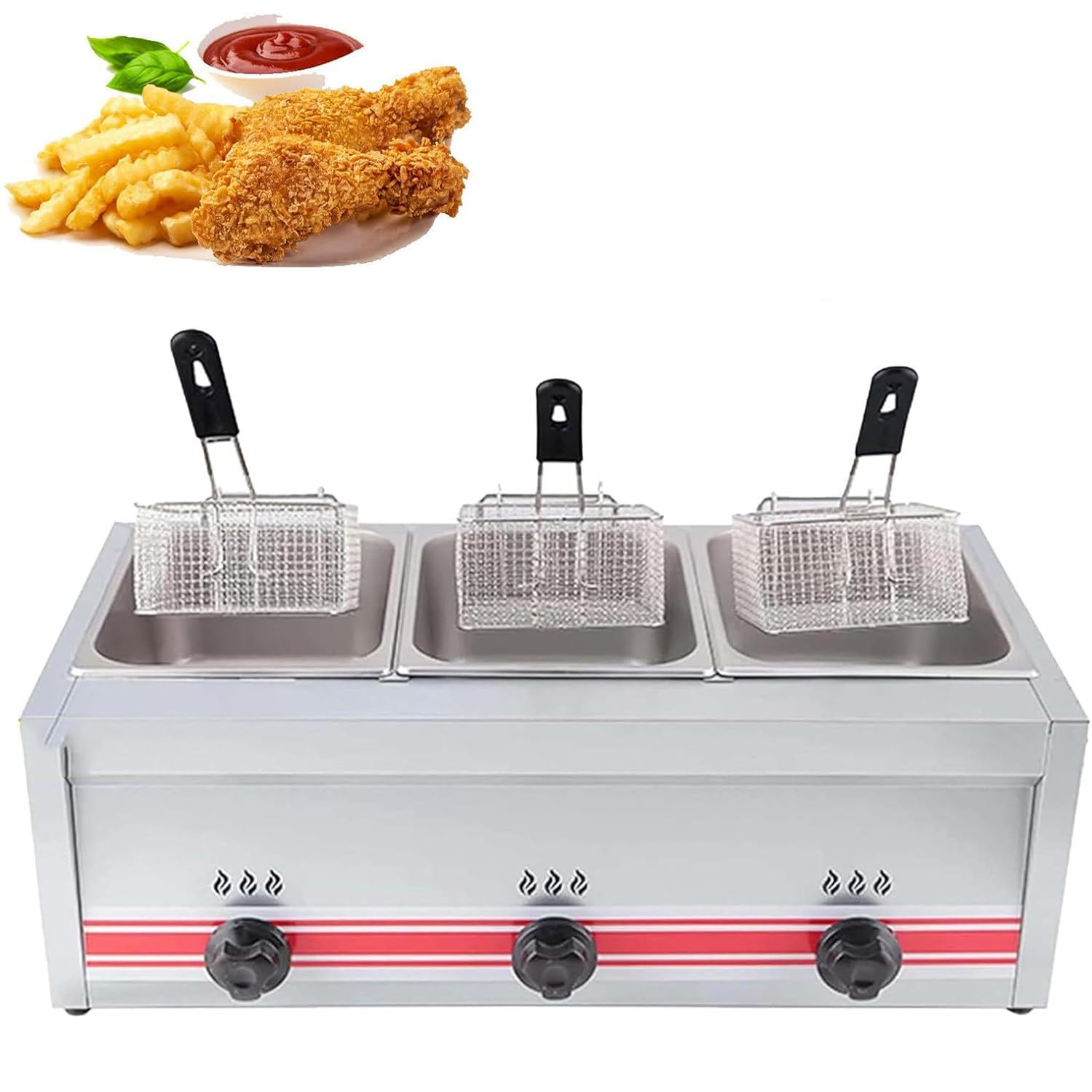 Freidora de grasa de gas GLP de alta eficiencia, freidora de acero inoxidable con cestas para patatas fritas, alimentos fritos de 30 L