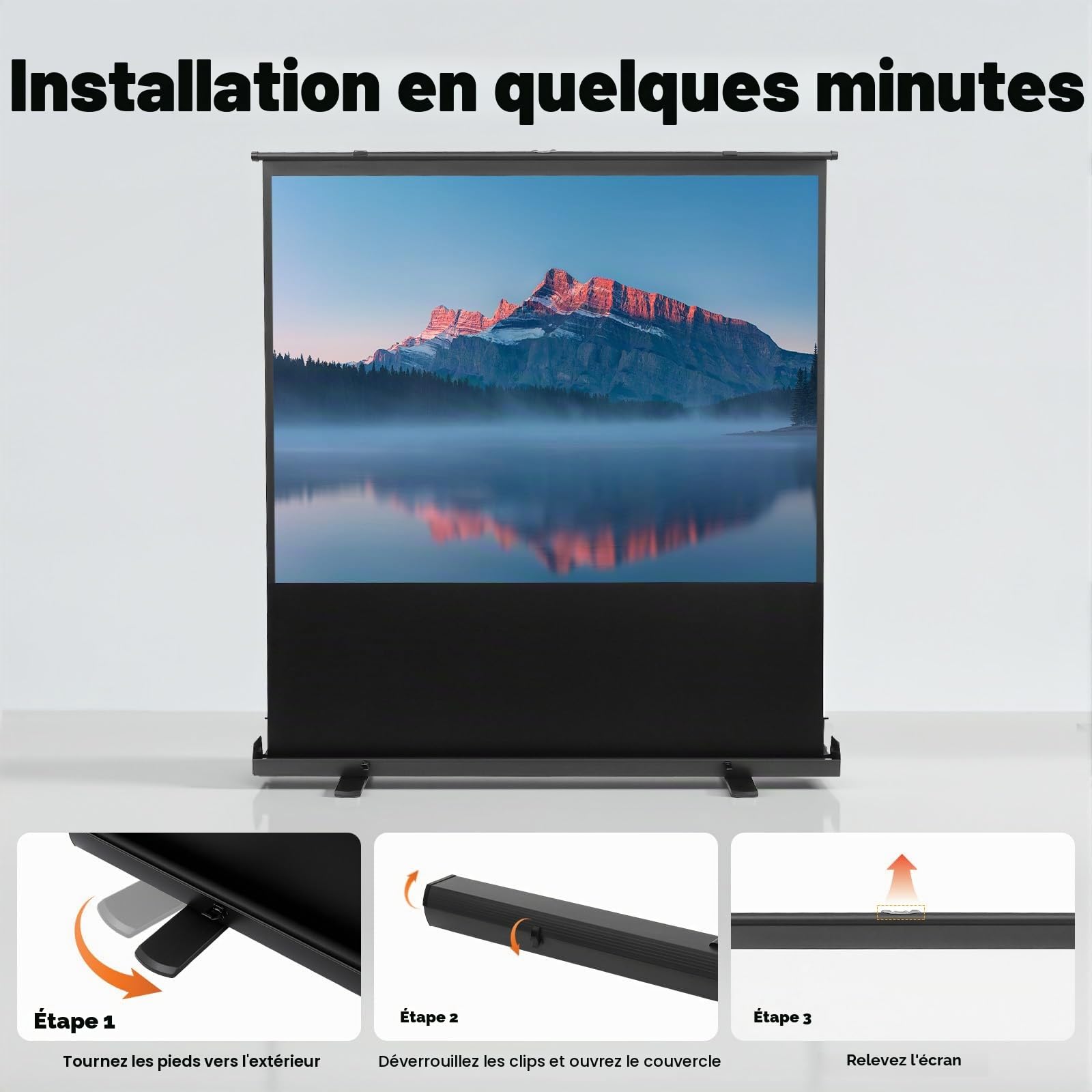 Écran de projection avec trépied 80 pouces, toile de projecteur portable rétractable 4:3 avec pieds de support en forme de X et système de ressort à gaz, pour extérieur, camping, home cinéma