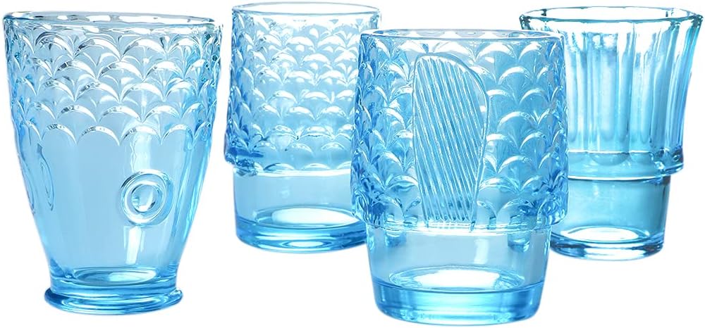 MDLUU Fish Design Tumbler Glasses, Stackable Drinking Glasses, Colored Glass Beverage Cups, Nautical Glassware for Gift, Set of 4 (Blue)