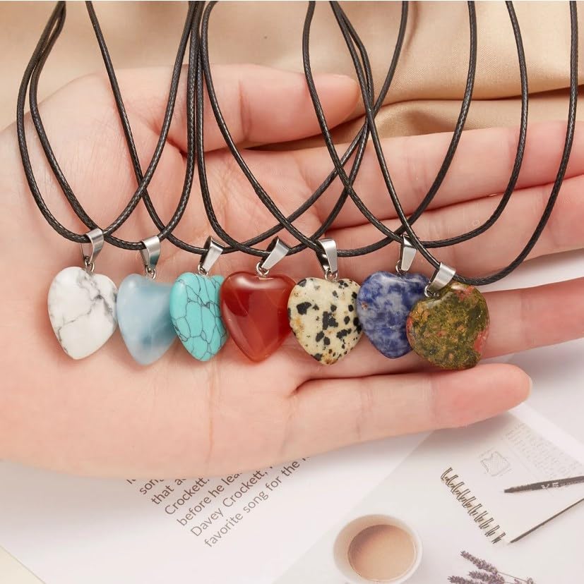 LE SKY 20 Pcs Natural Stone Necklace Healing Heart Gemstone Pendants Crystal Charms PU Leather Cord for Women Jewelry Gift2