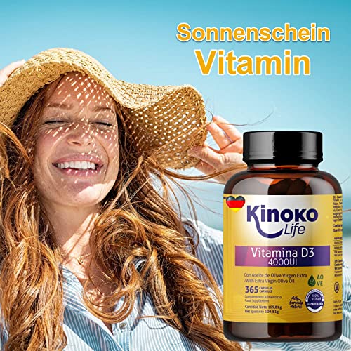 Vitamin D3 4000 IE mit 365 Kapseln. Natürliches Vitamin D-Cholecalciferol mit nativem Olivenöl extra. Für die Gesundheit und das Wohlbefinden unseres Körpers.