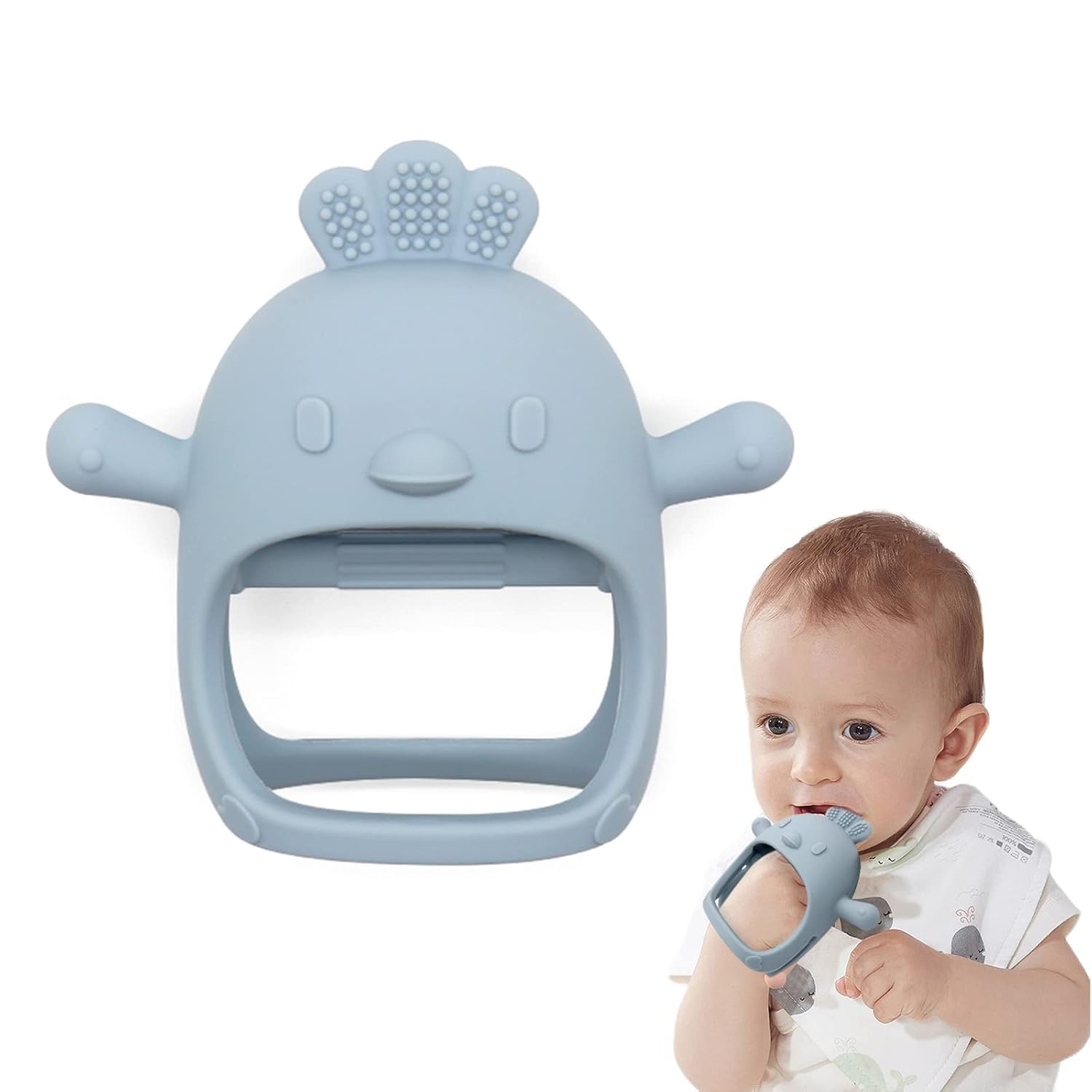 UCRAVO 1 Pack Baby Teething Toys, Teething Mitten for Babies, Silicone Teether for Toddler Infant Baby, Chew Toys for Sucking Needs, Easy to Grip, Never Drop Hand Wrist Teether(Sky Blue)-image-2