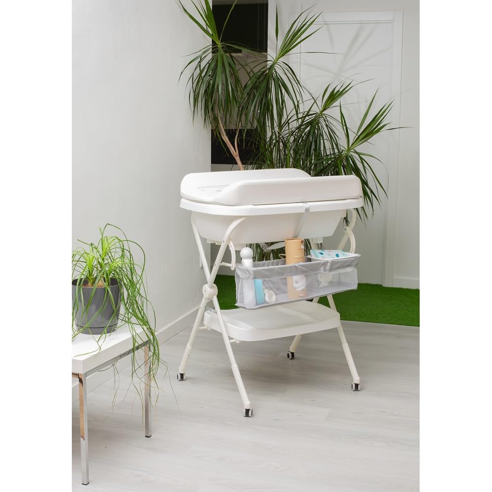 Interbaby Bañera Bebé Cambiador Plegable Patas, Ruedas, Hamaca (Dino) | Bañera con cambiador 2 en 1, hamaca anatómica extraíble, patas antideslizantes, altura ergonómica, portátil