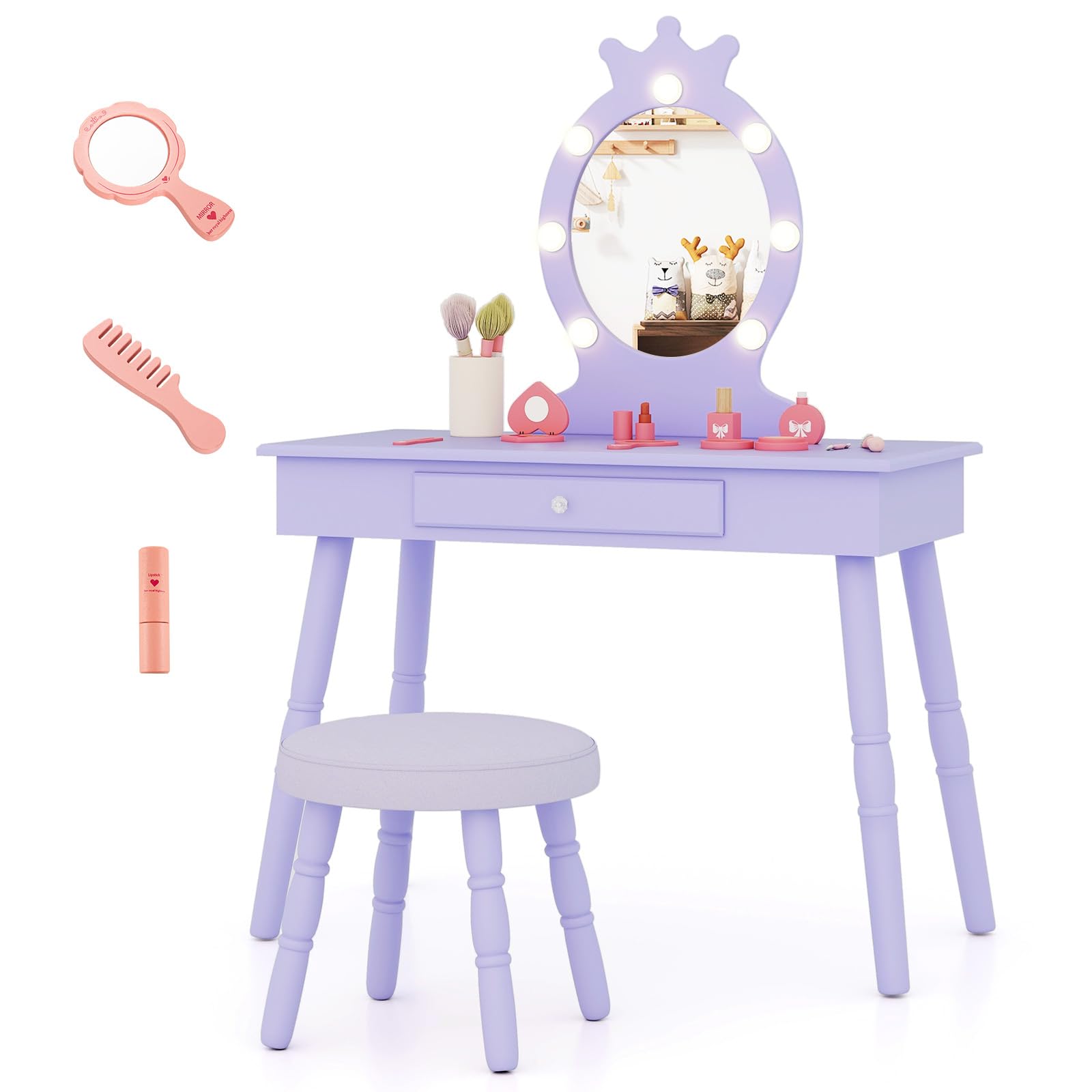 GLACER Kids Vanity with Lights, 2 in 1 Wooden Princess Makeup Vanity Desk with 3-Color Adjustable LED Lights, Storage Drawer, Anti-Toppling Device, Toddler Vanity Table and Chair Set (Violet)