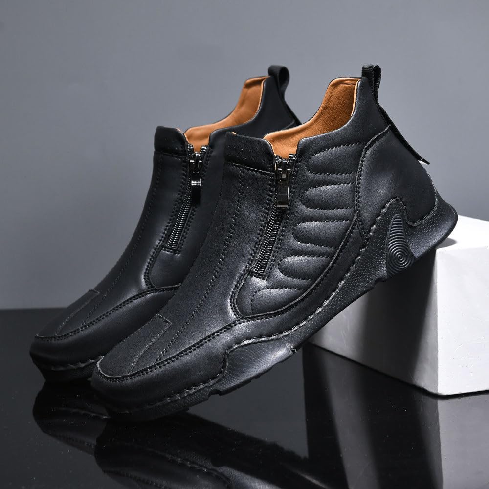 Generisch Lederschuhe Herren Halbhoch Walking Schuhe Herren Breit Outdoorschuhe Ruschfest Fitnessschuhe Flache Sohle Schlupfschuhe Einfarbig Trekkingschuhe Bequem Komfortschuhe Einfarbig Stiefeletten