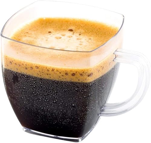 Restaurantware Vasos cuadrados transparentes de 2 onzas, 100 tazas de café de plástico desechables, plástico duro con asas, mini tazas de espresso
