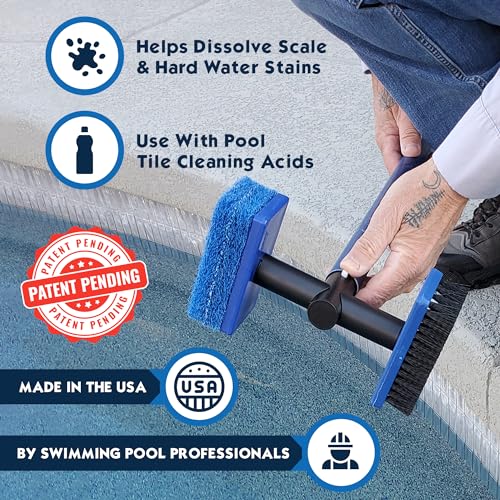 Image of Pool Tile Brush Scrubber 2-in-1 Scrub and Scour Waterline Tile Scale Cleaner - Easily Clean Swimming Pool Tiles Flip Brush