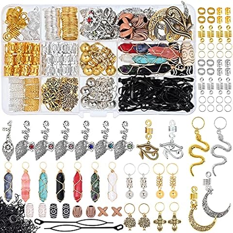 Teruntrue 170 Pieces Dreadlocks Hair Jewelry Gold Wire Wrapped Crystal Hair Beads Loc Jewelry Hair Accessories for Women Braids, Hair Cuffs Metal Coils Rings Pearls Hair Pendants Hair Clip Decoration Cover