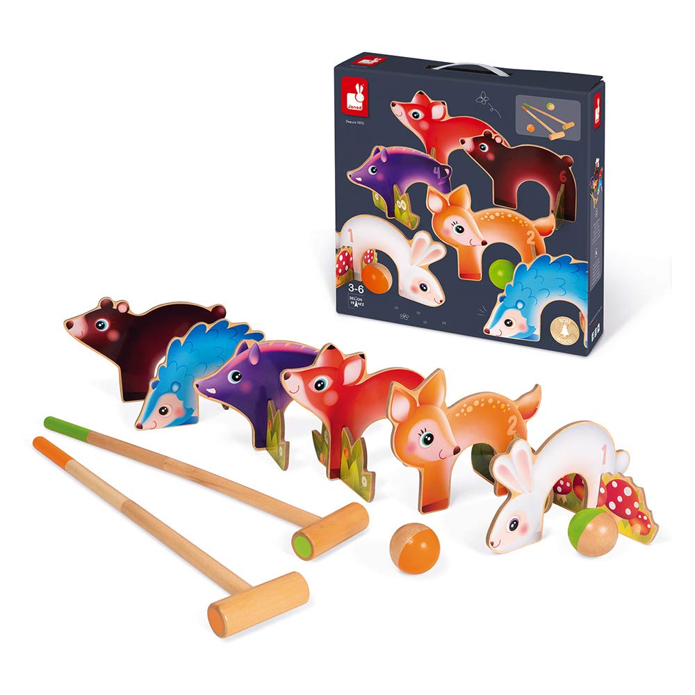 Janod - Jeu de Croquet en Bois Animaux de la Foret - Jeu de Plein Air - Dès 3 Ans J03207, Multicolore