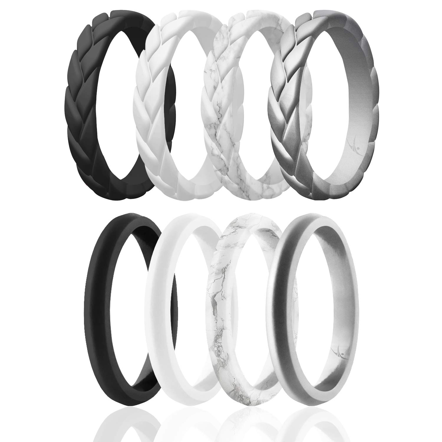 ROQSilicone Rings for Women - Thin Womens Silicone Rubber Wedding Rings Bands - Braided Flame Leaves and Point Collection - Can Be Used as Stackable Rings 8 - 8.5 (18.1mm) white