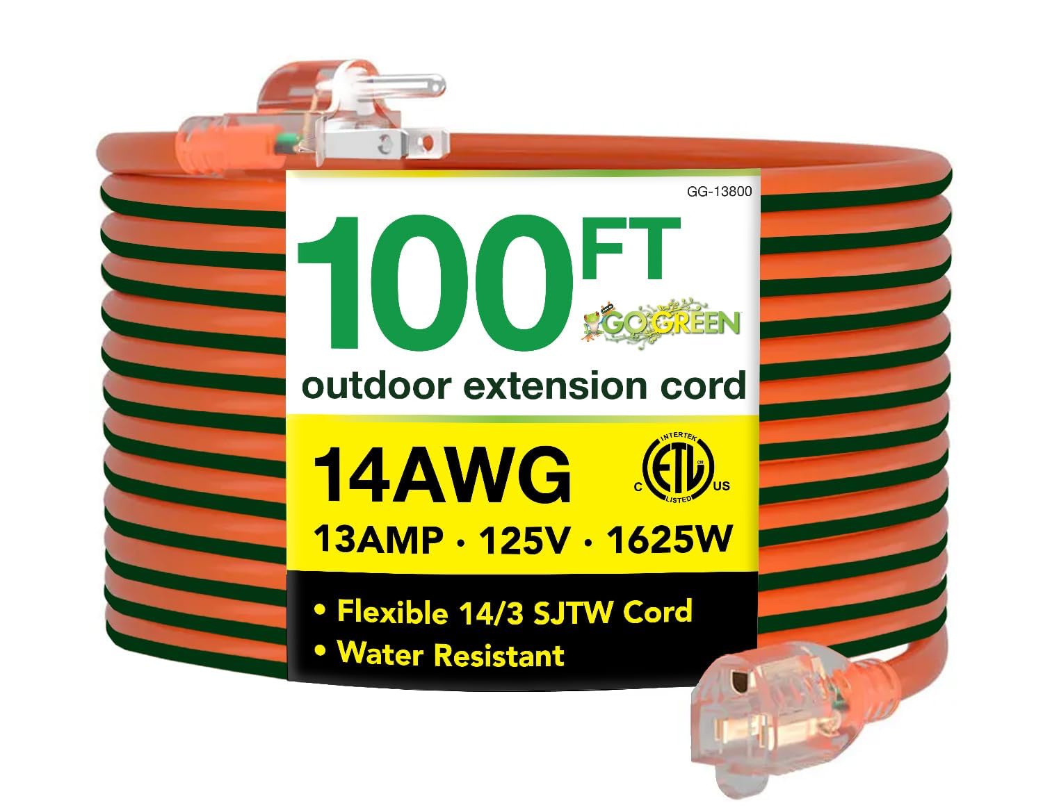 Go Green Power Inc. 14/3 100ft Lighted Outdoor Extension Cord - Durable, Heavy Duty - Perfect for Outdoor Tools & Equipment - GG-13800