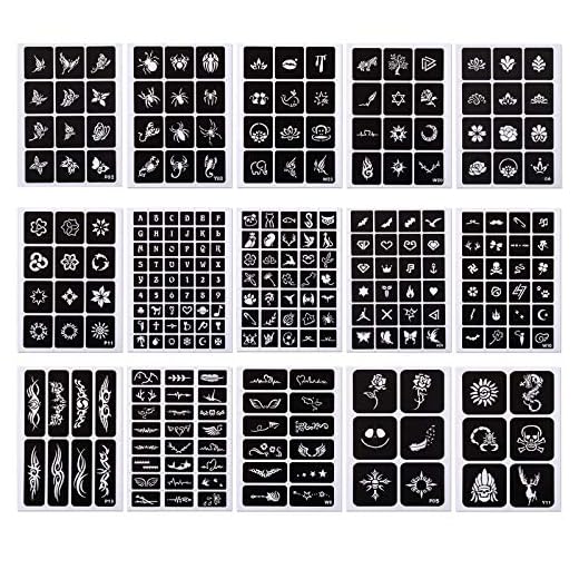 Kesote 15 Hojas de Plantilla de Tatuaje Temporal Reutilizable para Niños Adultos (Negro)