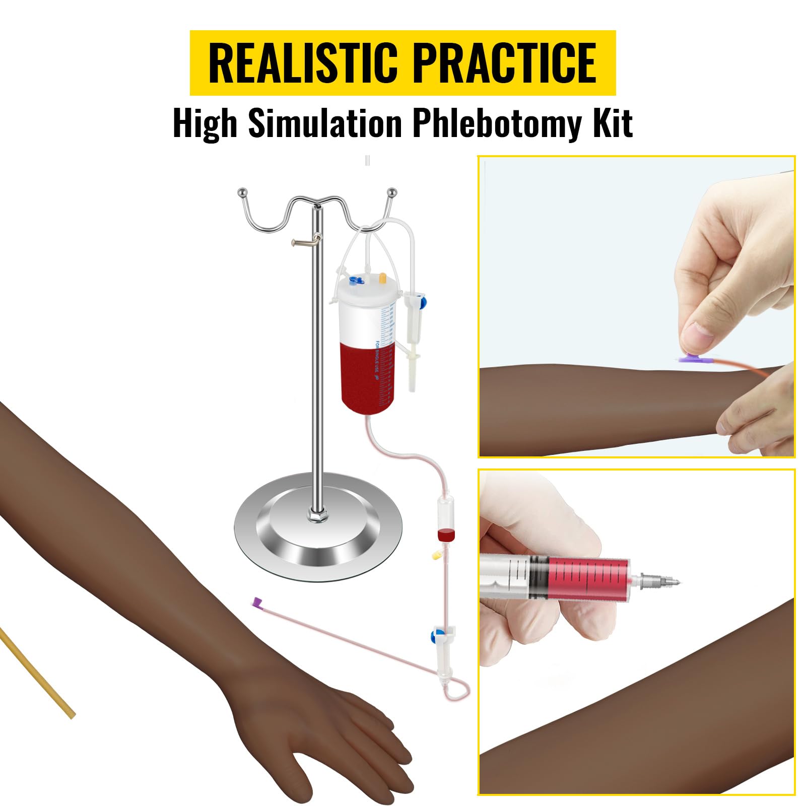 VEVOR IV Practice Kit Phlebotomy Practice Kit with Dark Skin, Venipuncture Practice Kit Skills Learning Model Arm Kit with Height Adjustable Infusion Stand for Students, Nurse