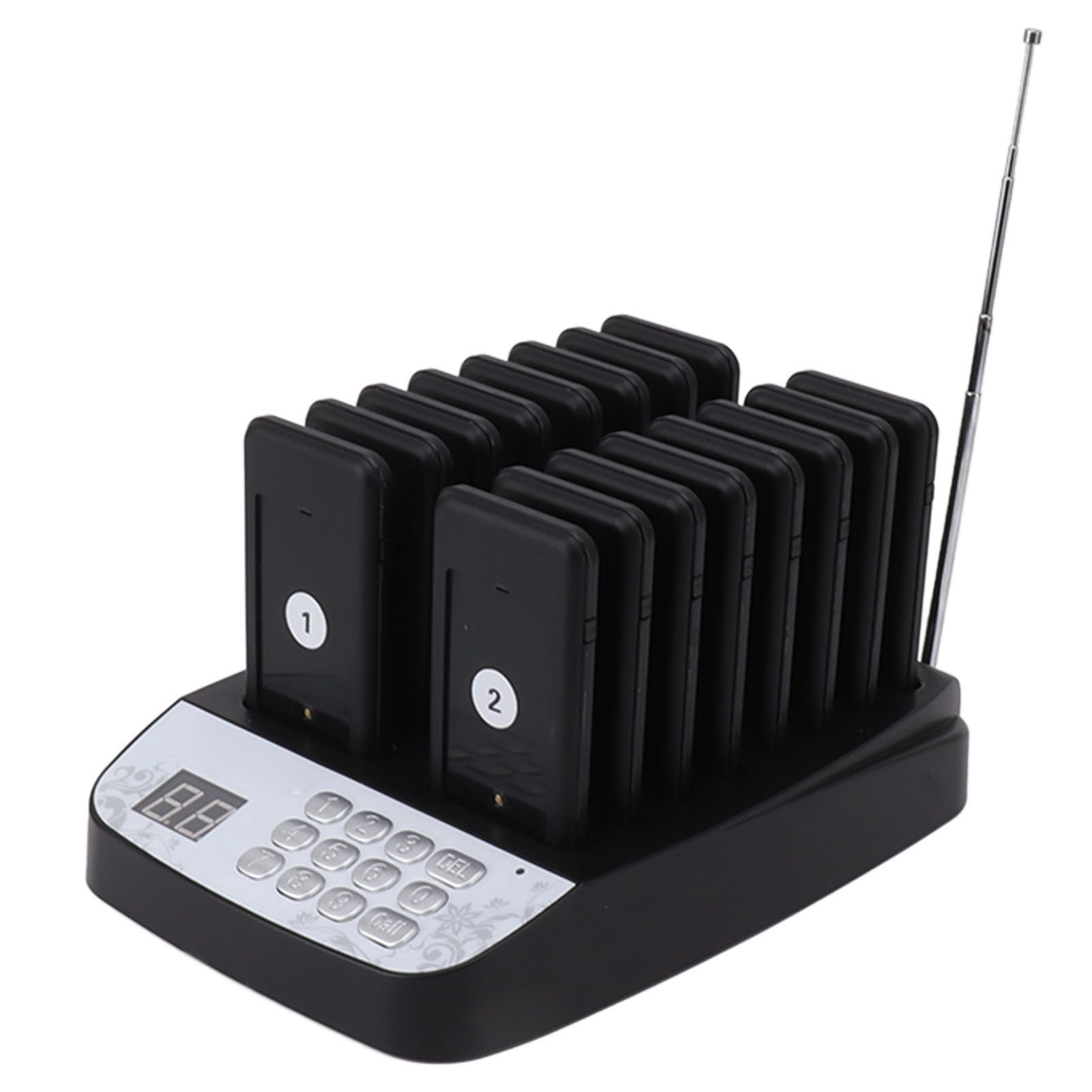 Black 16 Pieces Distancing Pagers System Vibration Beep Light Flashing Cafe Cuisine (US Plug)