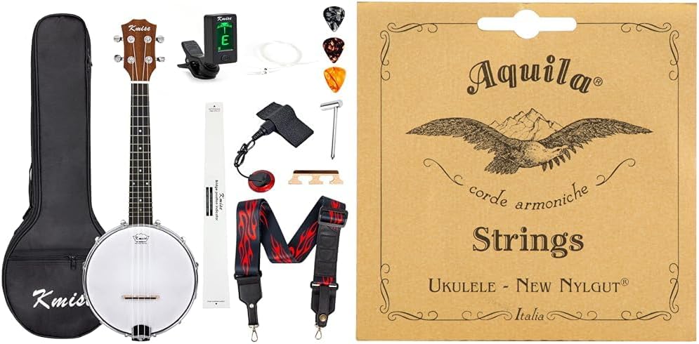 Kmise 4 Banjolele Ukulele Concert Size 23 Inch Bundle with Aquila New Nylgut AQ-42 Banjo Ukulele Strings
