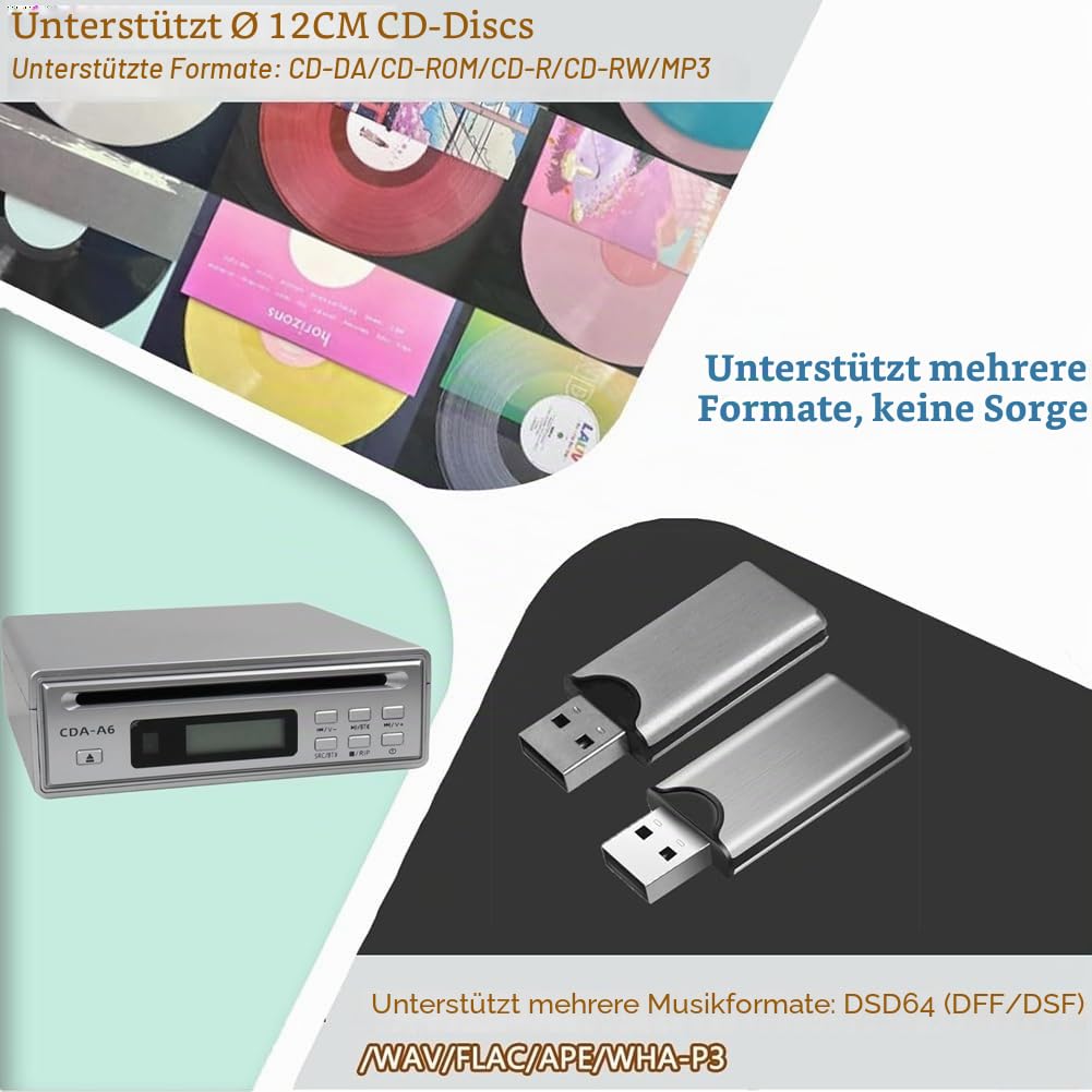 CD-Player für Zuhause und Auto - Tragbares HiFi-Design, Bluetooth-Konnektivität, USB/CD-Ripper, Optischer und AUX-Ausgang