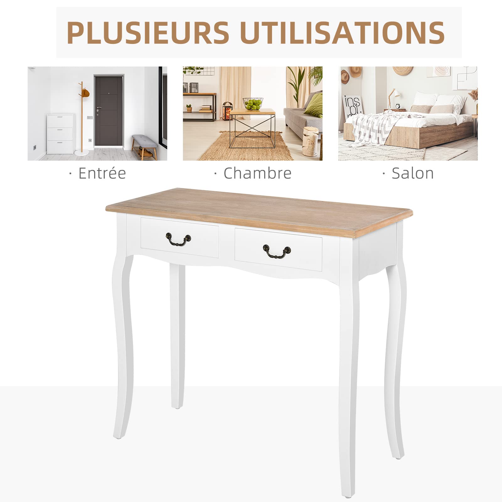 HOMCOM Table Console Style Mexicain 2 Tiroirs 87L x 34l x 78H cm Blanc | Table d'Entrée, Bout de Canapé, MDF Bois Massif Pin Clair, Meubles de Salon