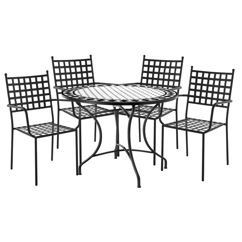 LOLAhome Conjunto de jardín Cartago Negro Contract | Mesa Ø90x75 cm cerámica, 4 Sillas 56x61x90 cm | Resistentes y Duradero | Estilo Hierro Forjado | para Exterior, jardín, terraza | Cartago
