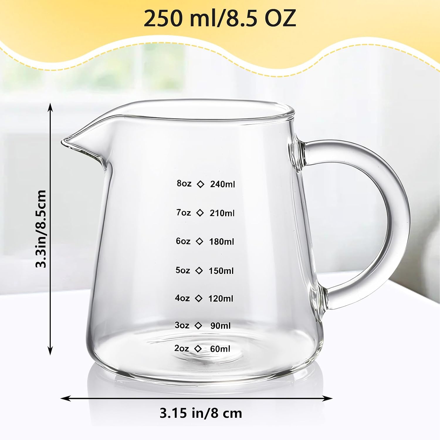 4 Pack Small Glass Pitcher 8.5 Oz/250 ml Clear Milk Creamer Pitcher with Handle Glass Measuring Cups with Spout for Tea Coffee Espresso Cups
