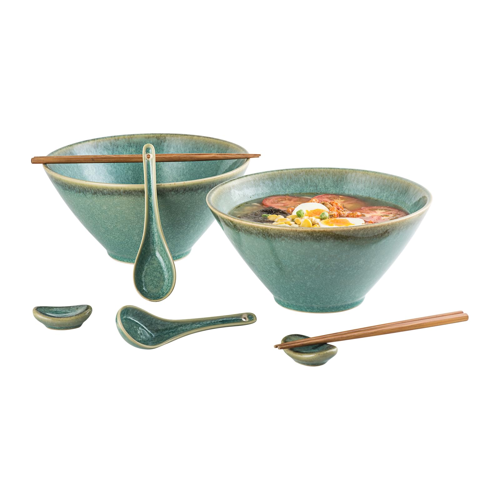 HENXFEN LEAD Set of 2 Ceramic Ramen Bowl, Noodle Bowls with Spoons & Chopsticks (8 Piece), Porcelain Bowls for Soup, Udon, Pasta, Salad and Cereal, Dishwasher Microwave Safe, Glossy Green — image 1