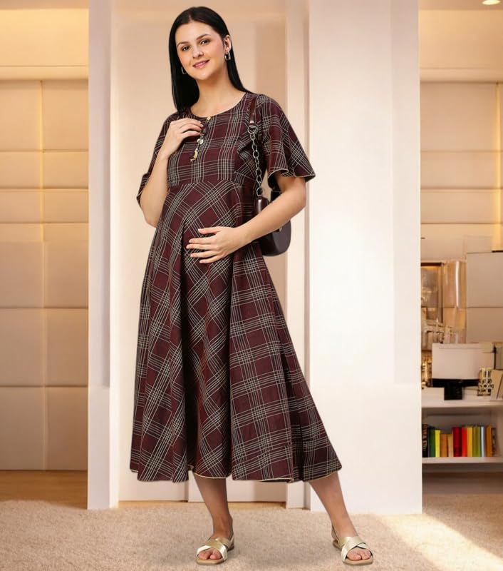 Image of DUMMY SHAPE Feeding Nighty | Maternity Dresses for Women Cotton Blend | Floral Pink Anarkali Kurta with Dual Nursing Zippers for Pregnancy & Breastfeeding | Gifts for Pregnant Women (