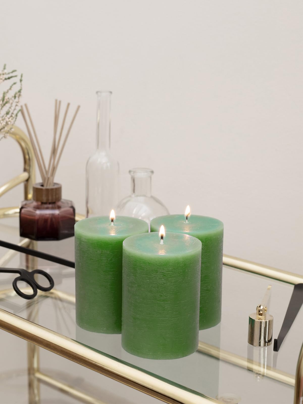 CANDWAX Zestaw 3 świec kolumnowych 10 cm, w pełni kolorowe, bez kapania i bezzapachowych świec - duże świece do wnętrza domu, zielone świece