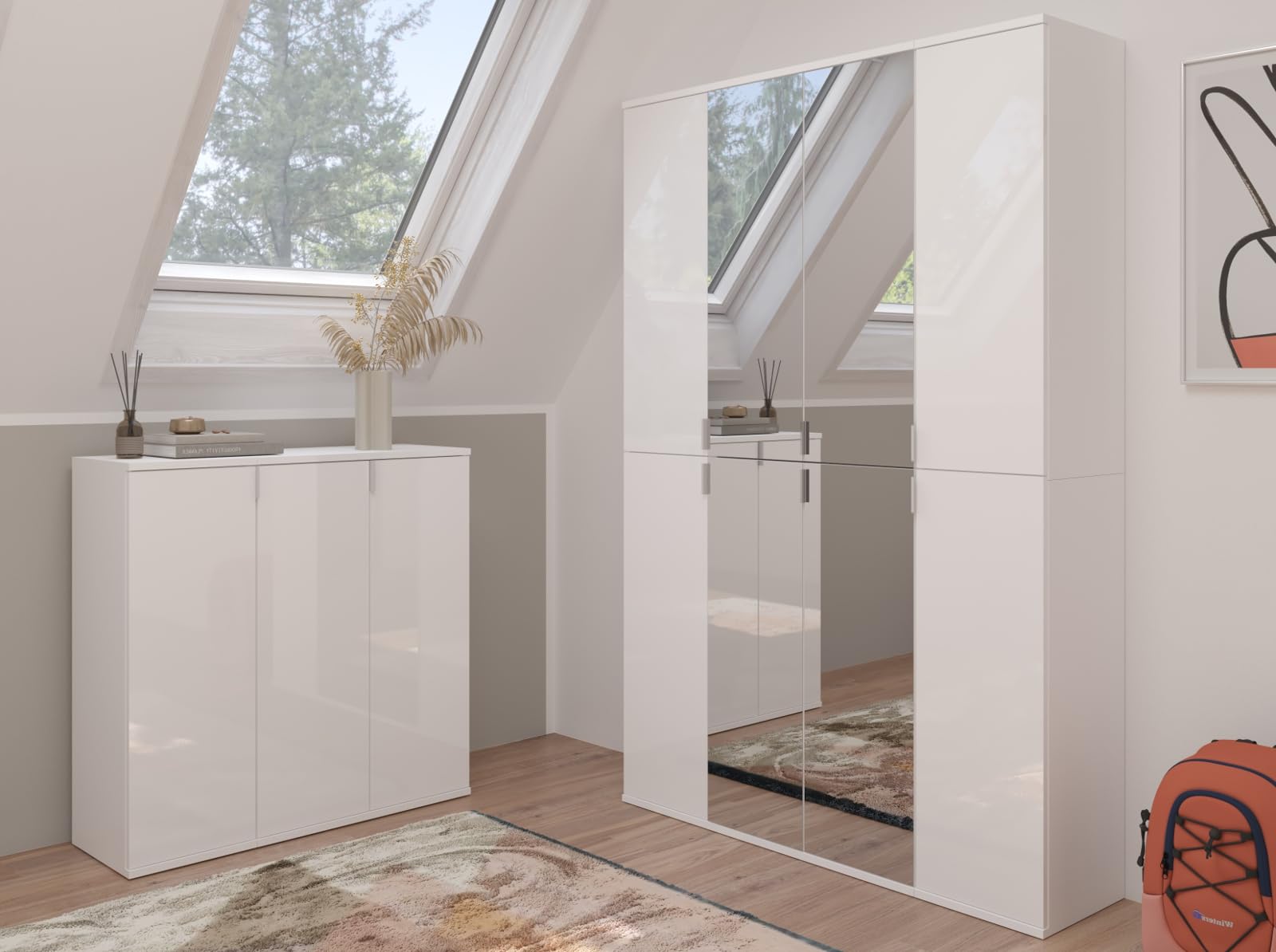 Garderobe und Kleiderschrank weiß Hochglanz viel Stauraum 15 Fächer Mehrzweckschrank mit Spiegeltür 122 x 193 cm SystemX